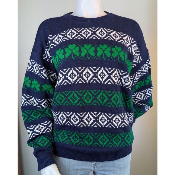 VTG Whats Next Sweater Large Navy Green Shamrock Fair Isle 80s St Patricks Irish - Picture 9 of 9